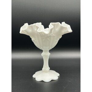 Vintage Fenton Cabbage Rose Roses Milk Glass Compote  Ruffled Bowl 6‎ 1/2"
